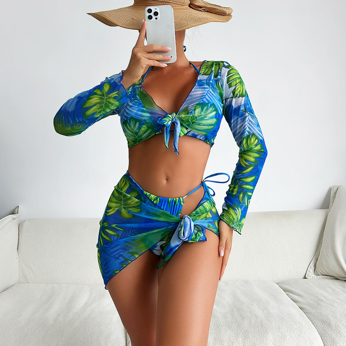Swimsuit Women Split Four Piece Long Sleeve Internet Celebrity Printed Lace up Bikini Swimsuit Bella Mia